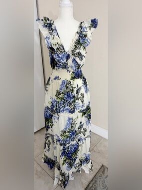 Caroline Constas Floral Tiered Ruffle Maxi Dress Size S Blue White